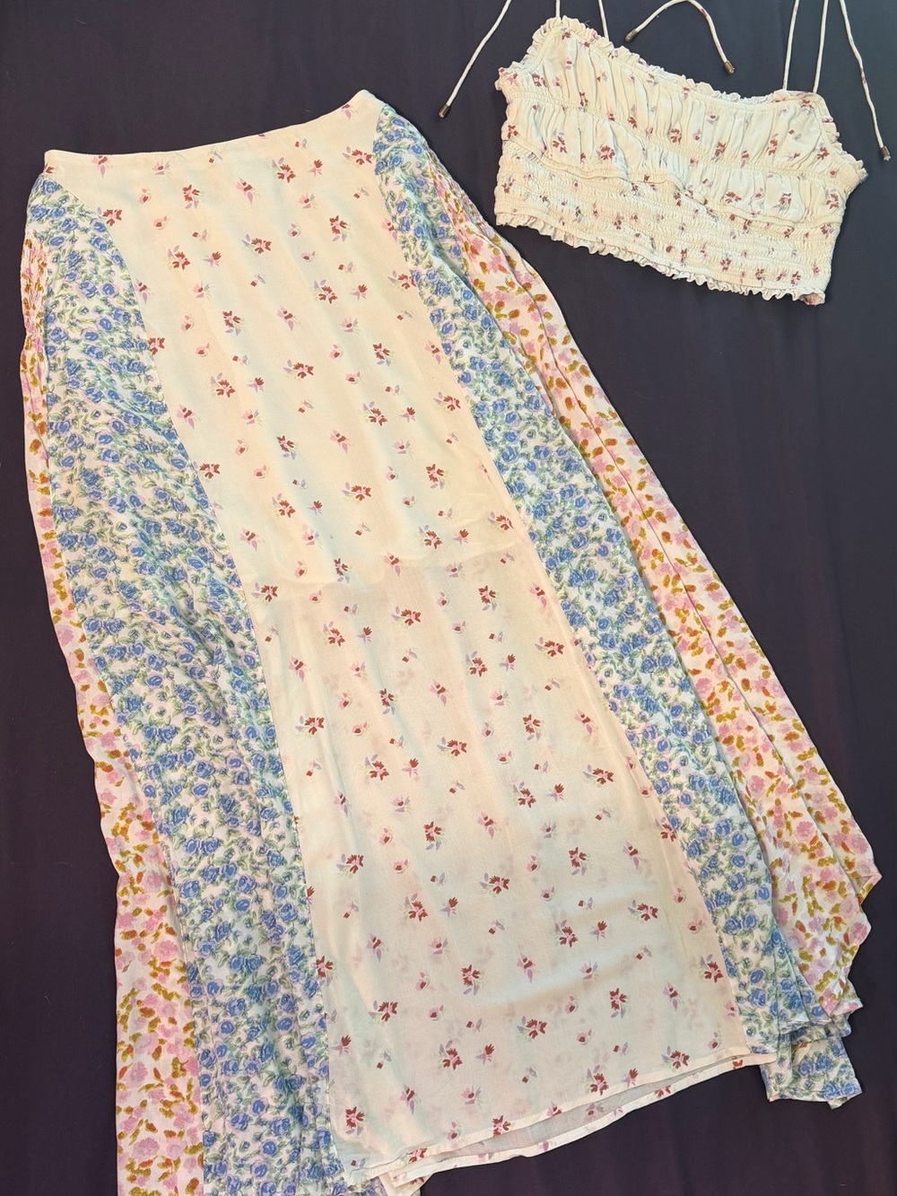 Free People Cream Maxi Skirt with Blue & Pink Floral Panels